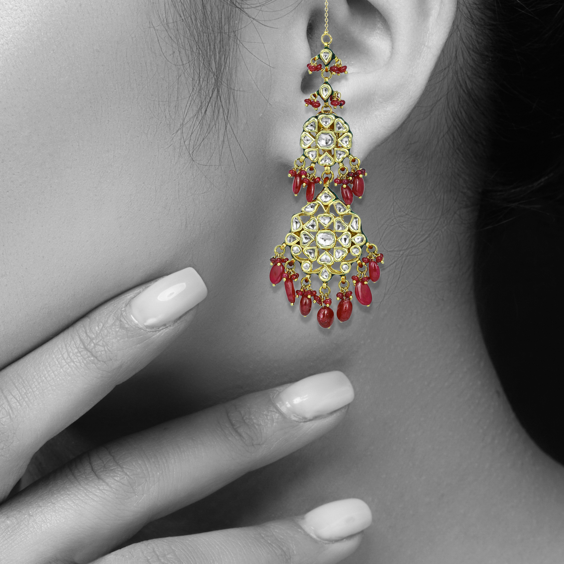 Cascading Polki Diamond Earrings with Ruby Maniya